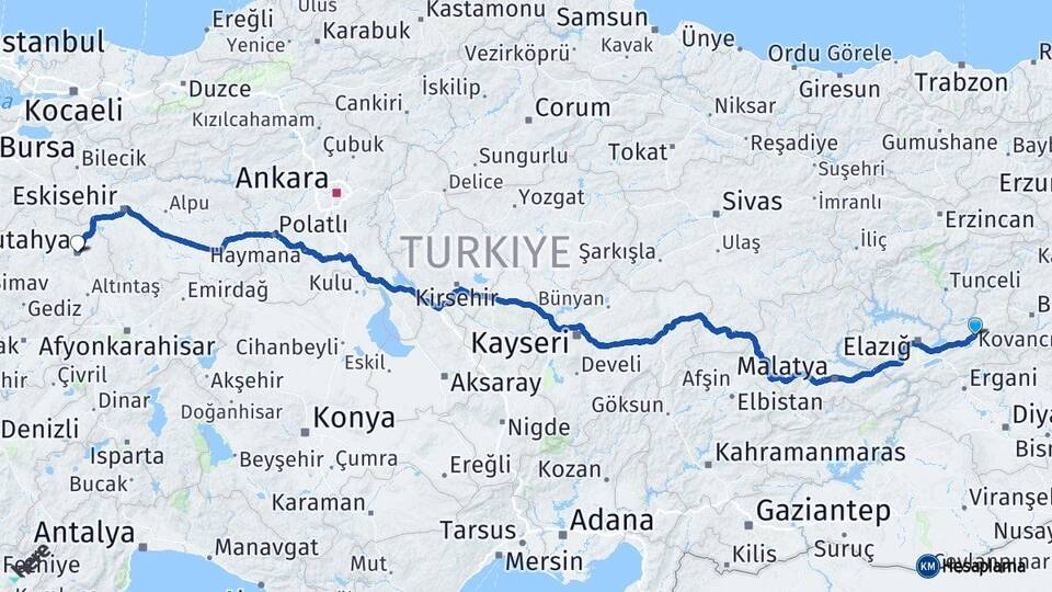Elazığ Kovancılar Kütahya Arası Kaç Km - Yol Haritası