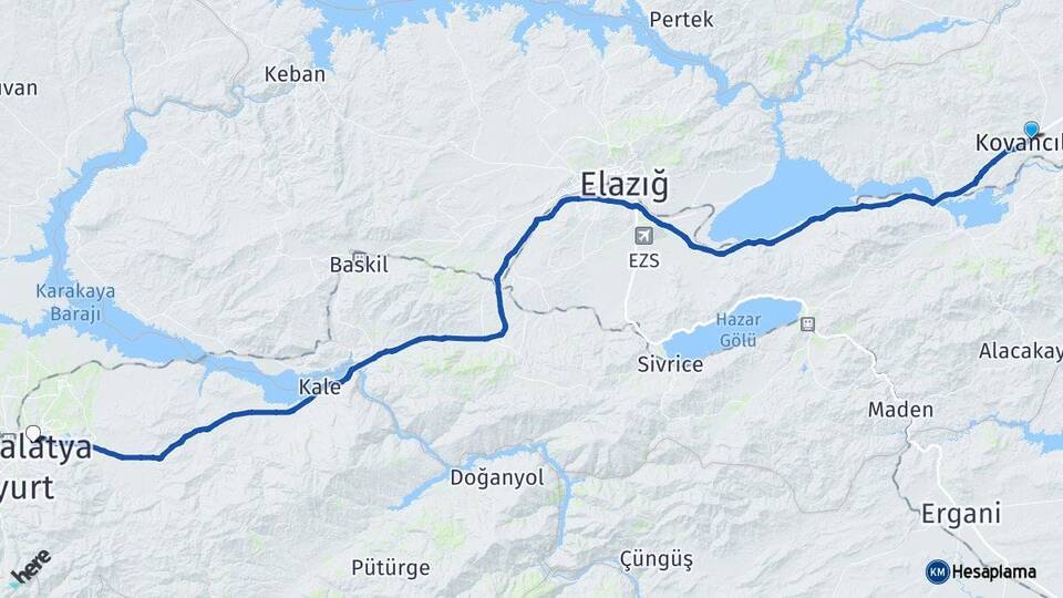 Elazığ Kovancılar Malatya Arası Kaç Km - Yol Haritası