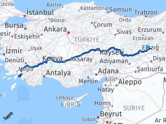 Elazığ Kovancılar Muğla Arası Kaç Km - Yol Haritası