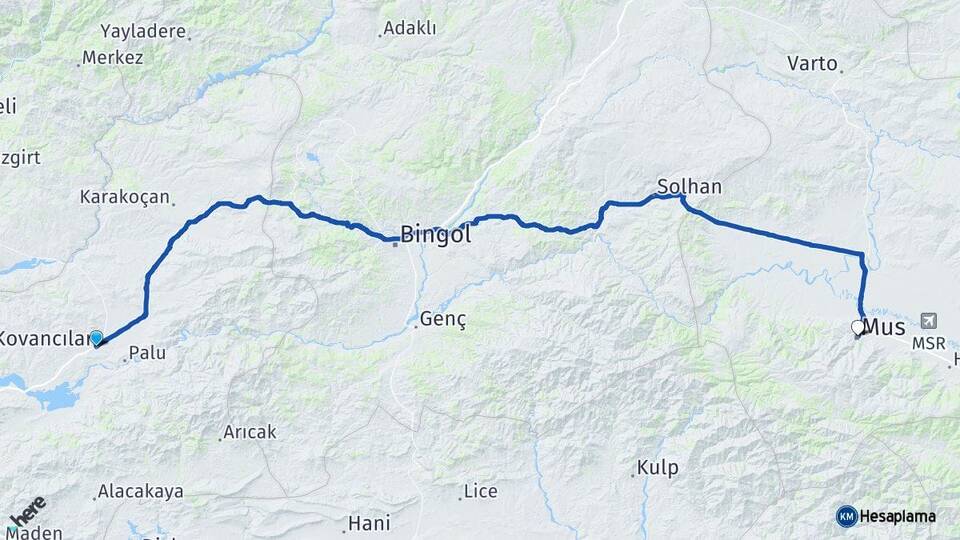 Elazığ Kovancılar Muş Arası Kaç Km - Yol Haritası