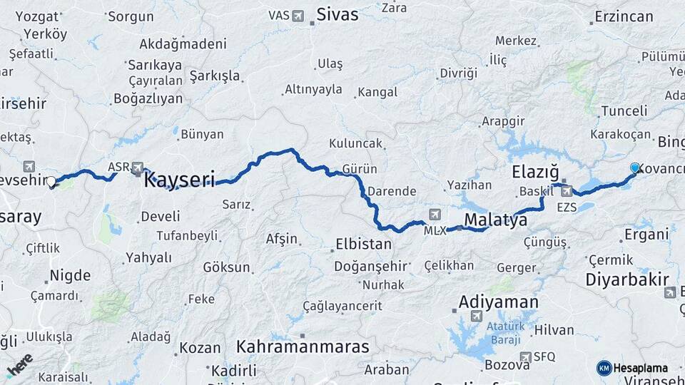 Elazığ Kovancılar Nevşehir Arası Kaç Km - Yol Haritası