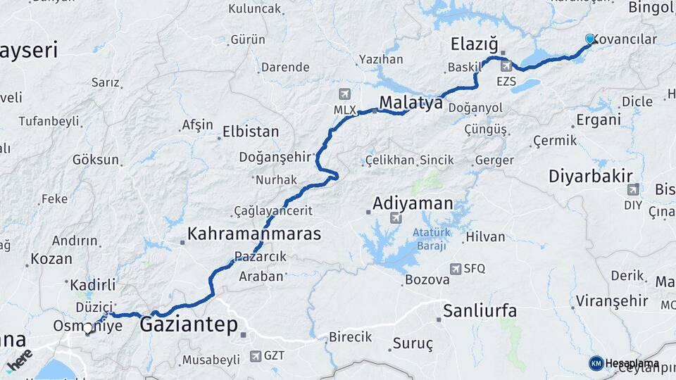 Elazığ Kovancılar Osmaniye Arası Kaç Km - Yol Haritası