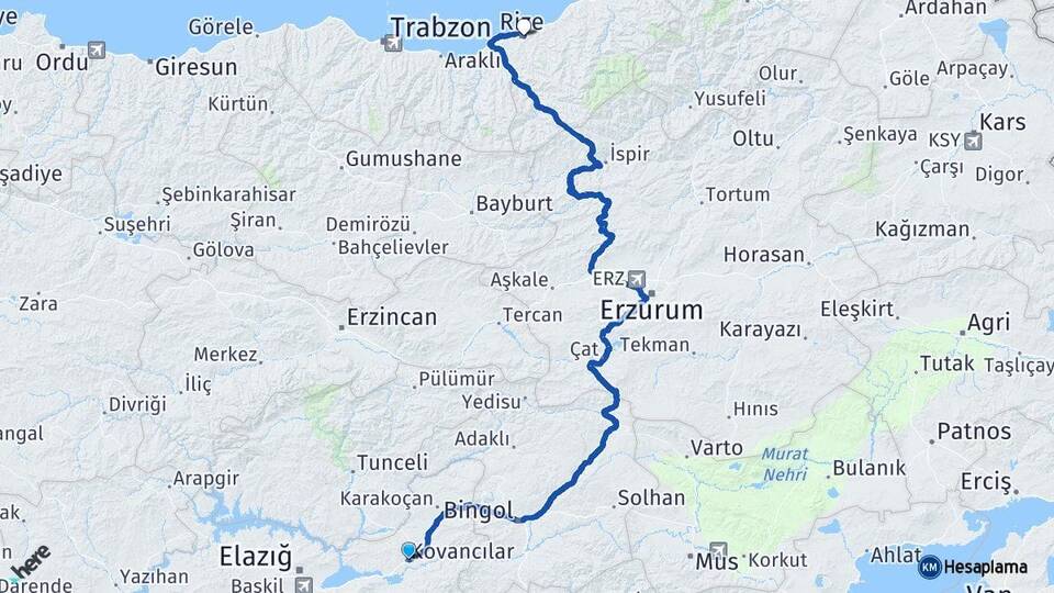 Elazığ Kovancılar Rize Arası Kaç Km - Yol Haritası