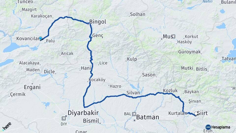 Elazığ Kovancılar Siirt Arası Kaç Km - Yol Haritası