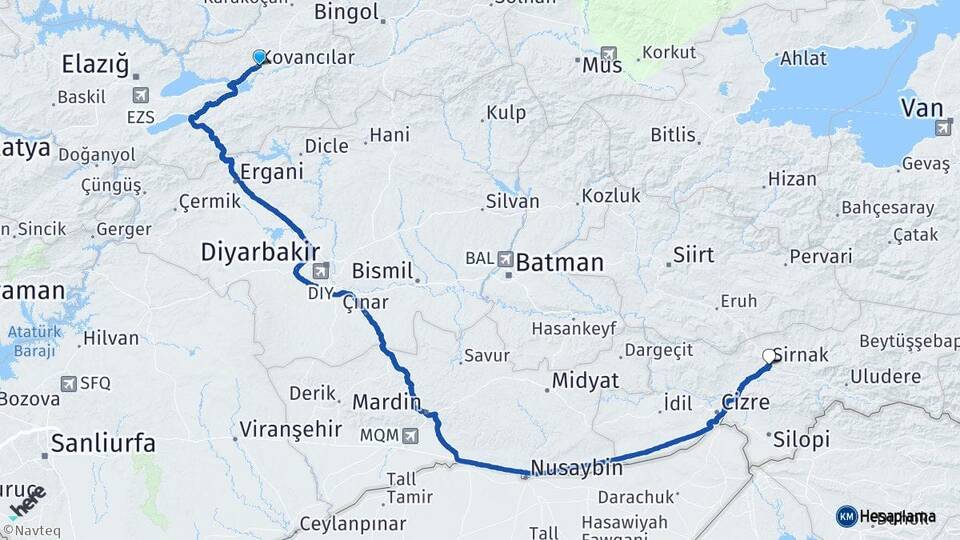 Elazığ Kovancılar Şırnak Arası Kaç Km - Yol Haritası