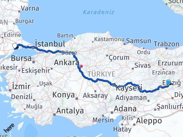 Elazığ Kovancılar Tekirdağ Arası Kaç Km - Yol Haritası