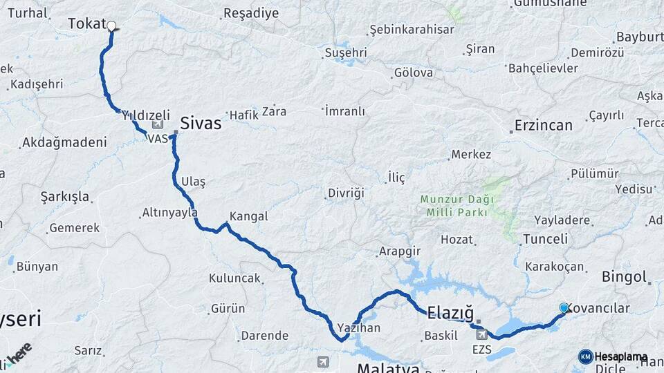 Elazığ Kovancılar Tokat Arası Kaç Km - Yol Haritası