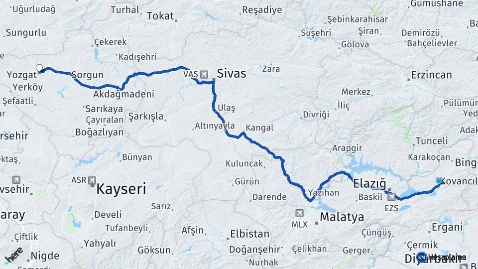 Elazığ Kovancılar Yozgat Arası Kaç Km - Yol Haritası
