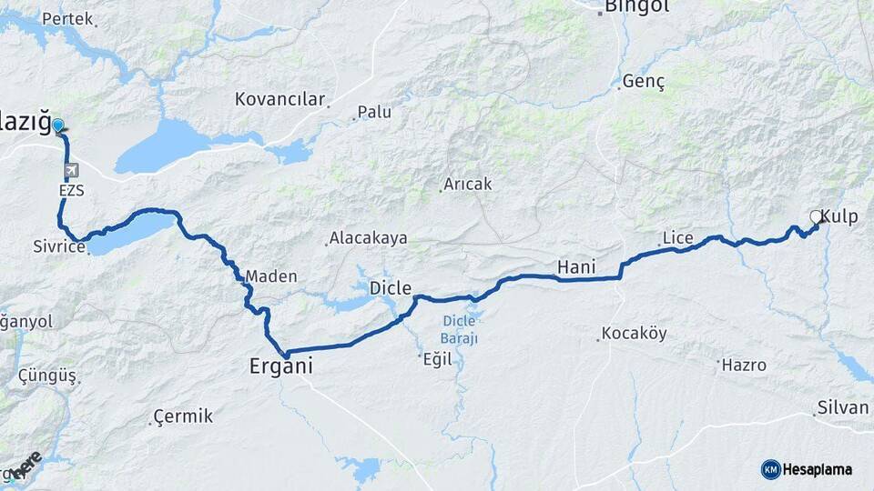 Elazığ Kulp Diyarbakır Arası Kaç Km - Yol Haritası