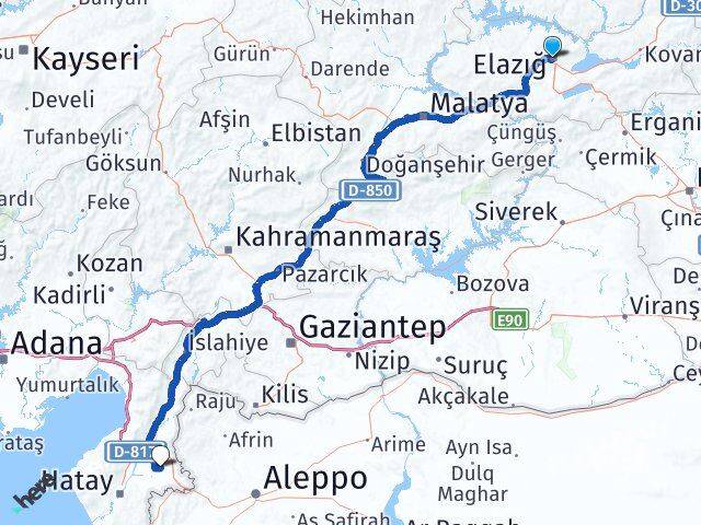 Elazığ Kumlu Hatay Arası Kaç Km - Yol Haritası