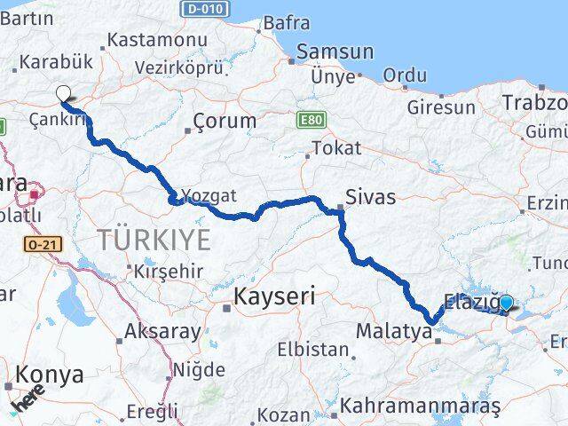 Elazığ Kurşunlu Çankırı Arası Kaç Km - Yol Haritası