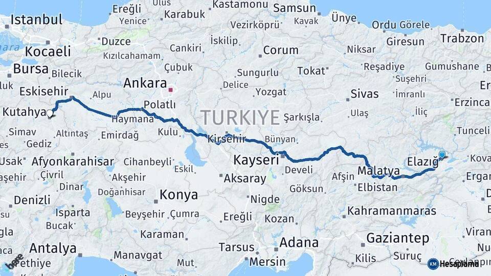 Elazığ Kütahya Arası Kaç Km - Yol Haritası