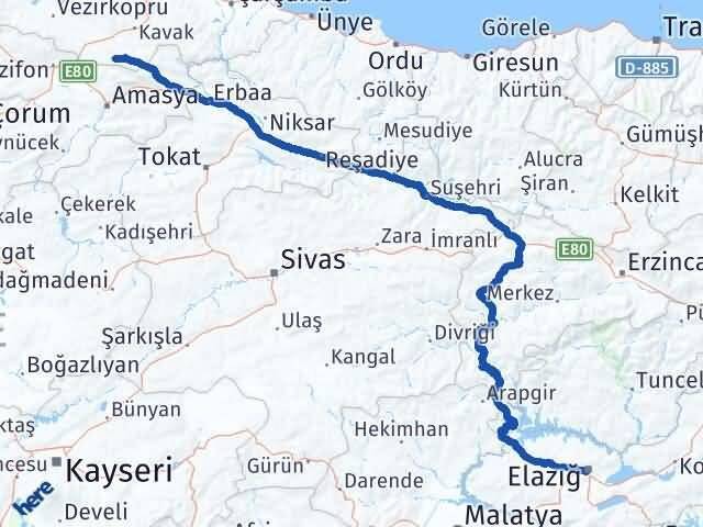 Elazığ Ladik Samsun Arası Kaç Km - Yol Haritası