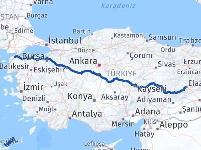 Elazığ Lapseki Çanakkale Arası Kaç Km - Yol Haritası
