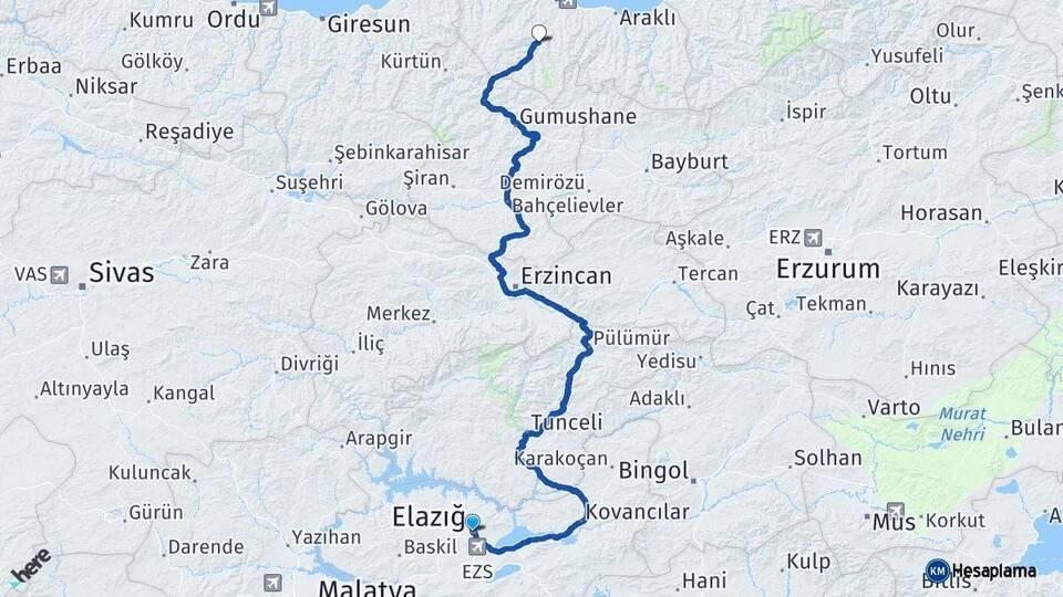 Elazığ Maçka Trabzon Arası Kaç Km - Yol Haritası
