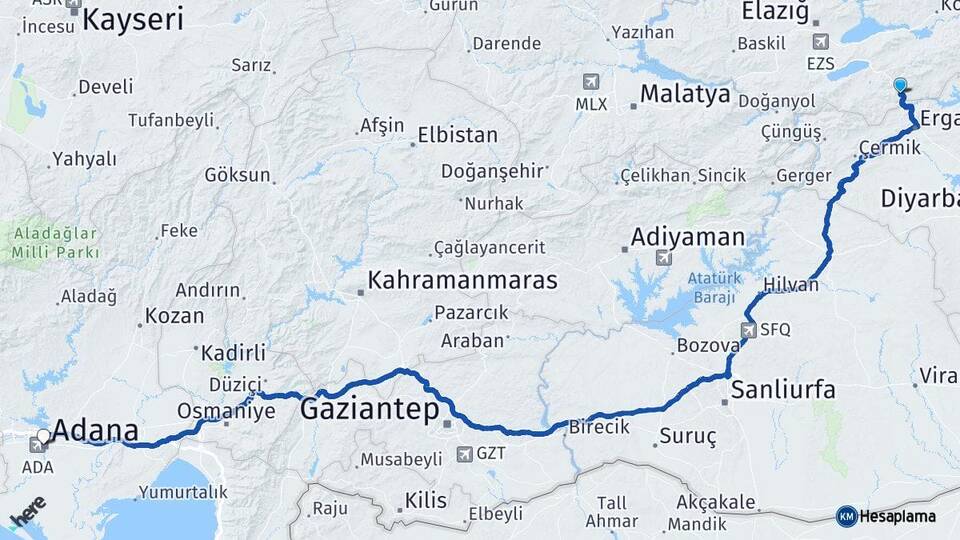 Elazığ Maden Adana Arası Kaç Km - Yol Haritası