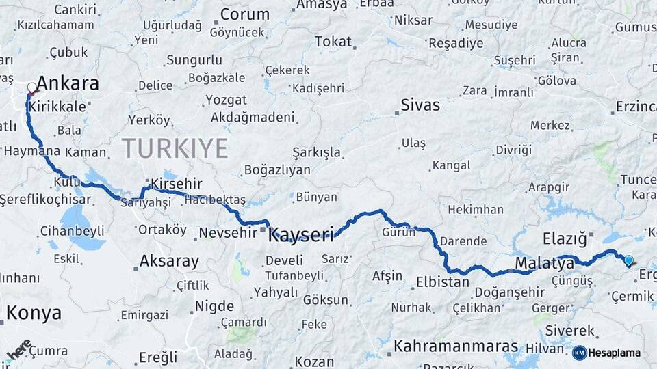 Elazığ Maden Ankara Arası Kaç Km - Yol Haritası