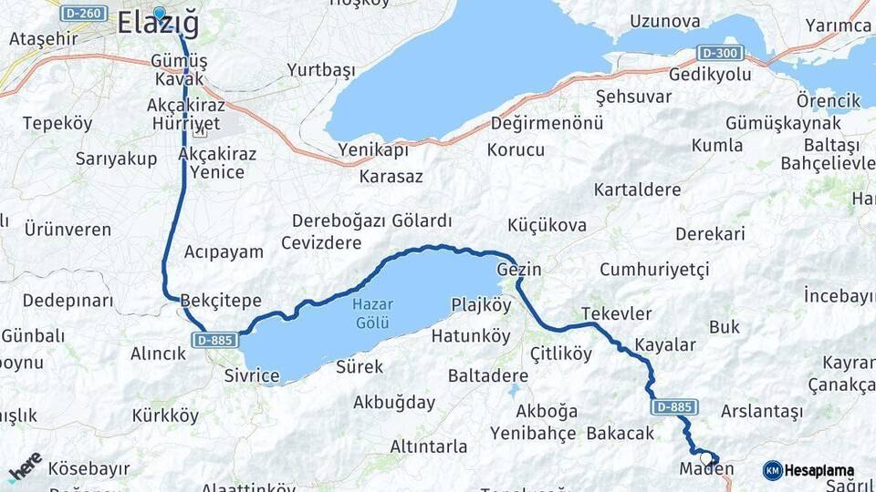 Elazığ Maden Arası Kaç Km - Yol Haritası