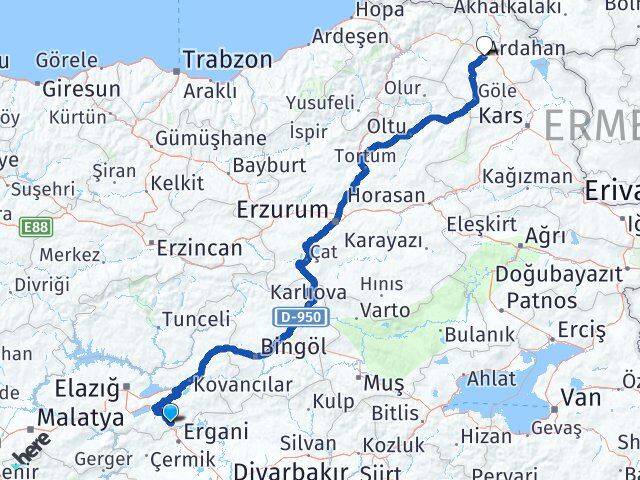 Elazığ Maden Ardahan Arası Kaç Km - Yol Haritası