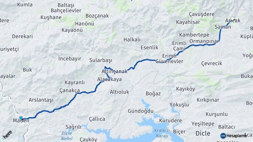 Elazığ Maden Arıcak Arası Kaç Km - Yol Haritası
