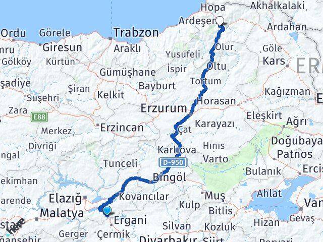 Elazığ Maden Artvin Arası Kaç Km - Yol Haritası