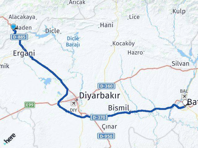 Elazığ Maden Batman Arası Kaç Km - Yol Haritası