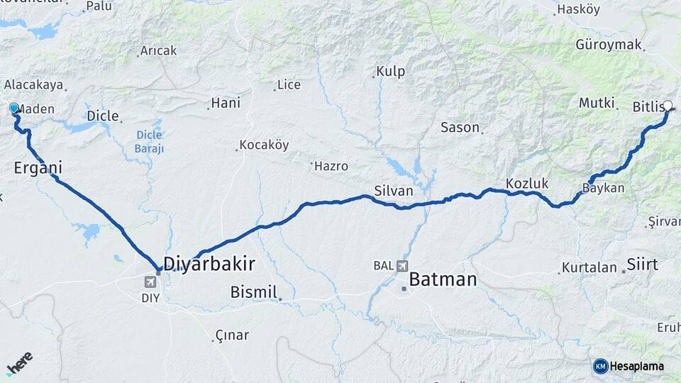 Elazığ Maden Bitlis Arası Kaç Km - Yol Haritası