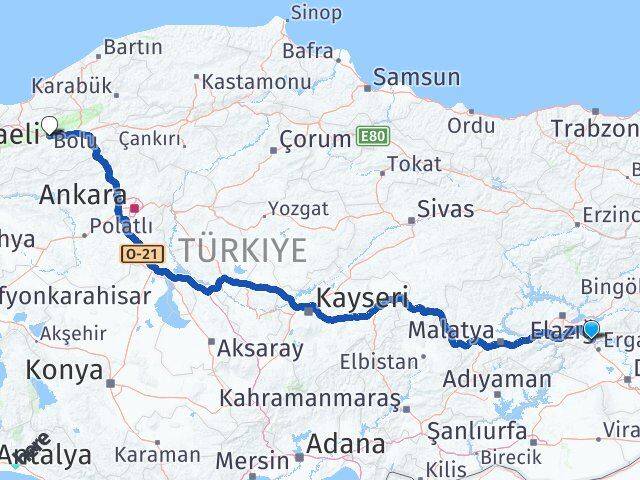 Elazığ Maden Bolu Arası Kaç Km - Yol Haritası