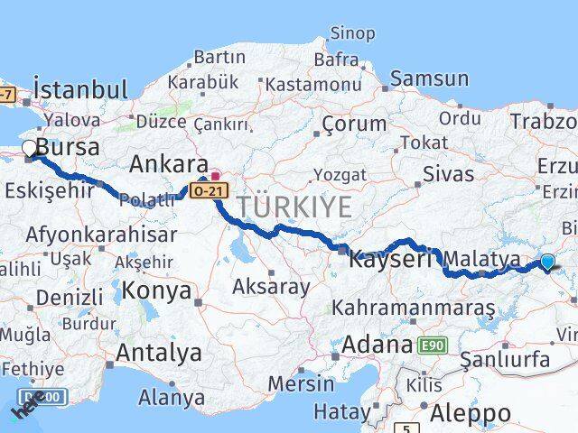 Elazığ Maden Bursa Arası Kaç Km - Yol Haritası