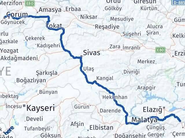 Elazığ Maden Çorum Arası Kaç Km - Yol Haritası