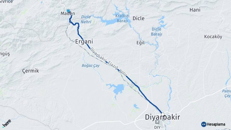 Elazığ Maden Diyarbakır Arası Kaç Km - Yol Haritası