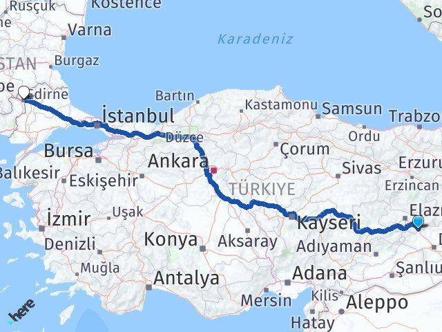 Elazığ Maden Edirne Arası Kaç Km - Yol Haritası
