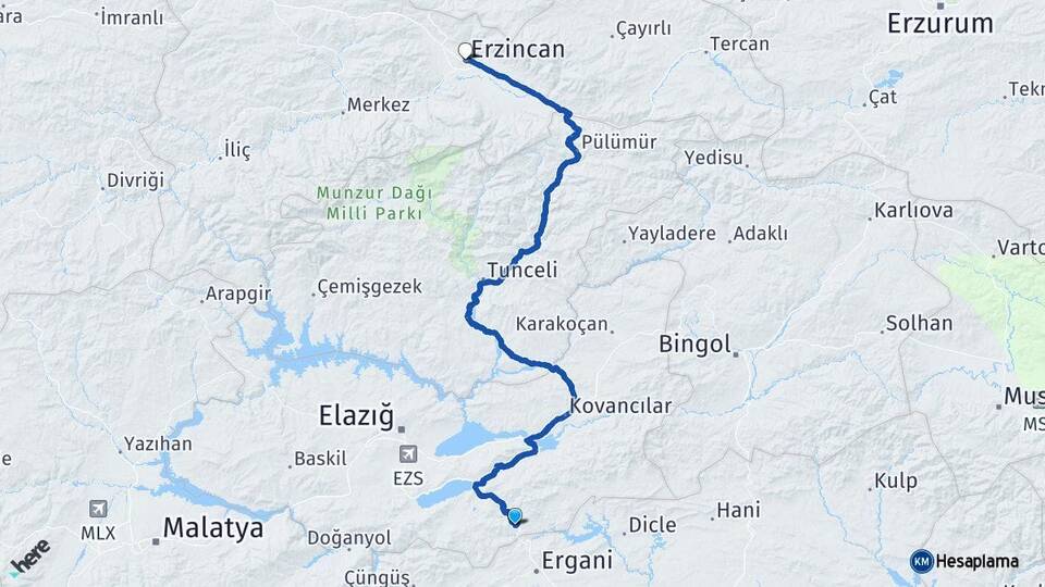 Elazığ Maden Erzincan Arası Kaç Km - Yol Haritası