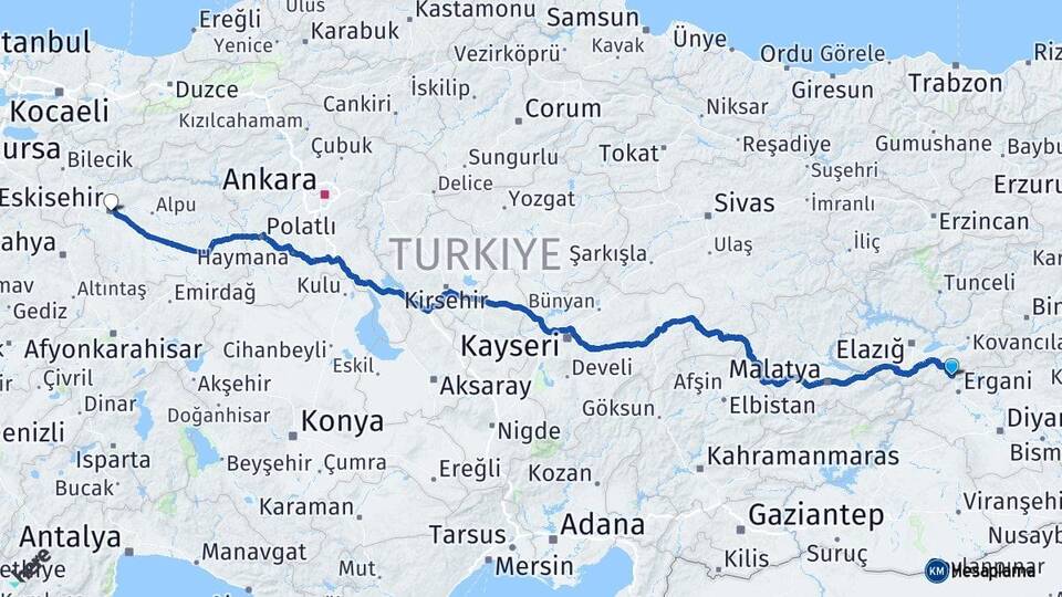 Elazığ Maden Eskişehir Arası Kaç Km - Yol Haritası