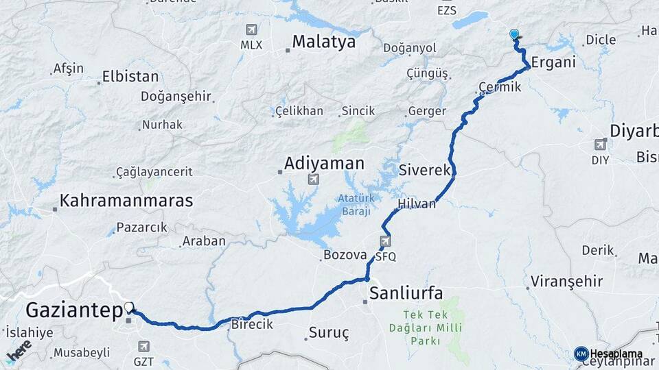 Elazığ Maden Gaziantep Arası Kaç Km - Yol Haritası