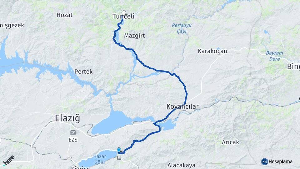 Elazığ Maden Gezin Tunceli Arası Kaç Km - Yol Haritası