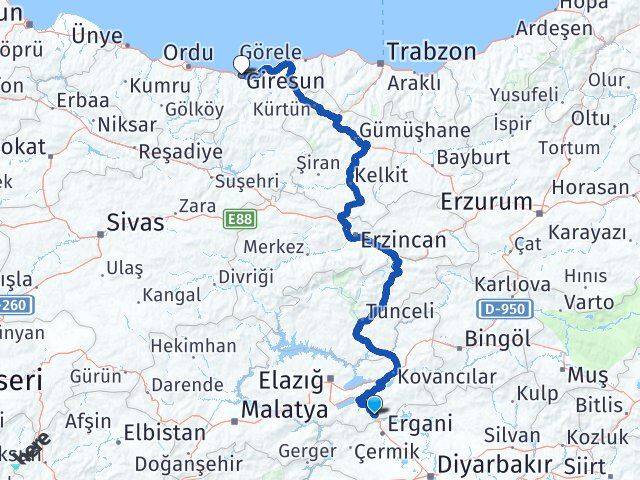 Elazığ Maden Giresun Arası Kaç Km - Yol Haritası