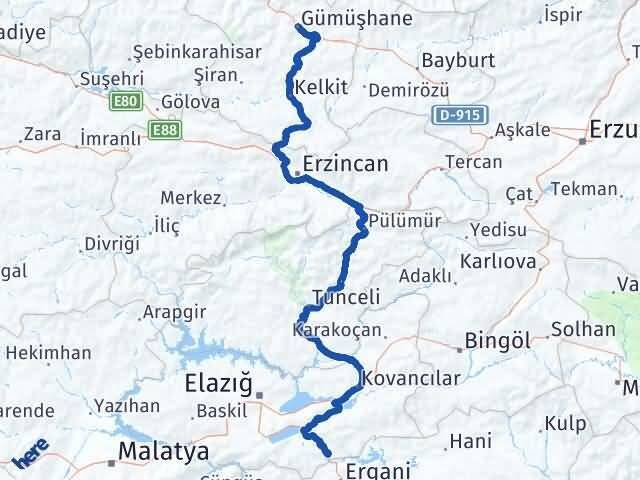 Elazığ Maden Gümüşhane Arası Kaç Km - Yol Haritası
