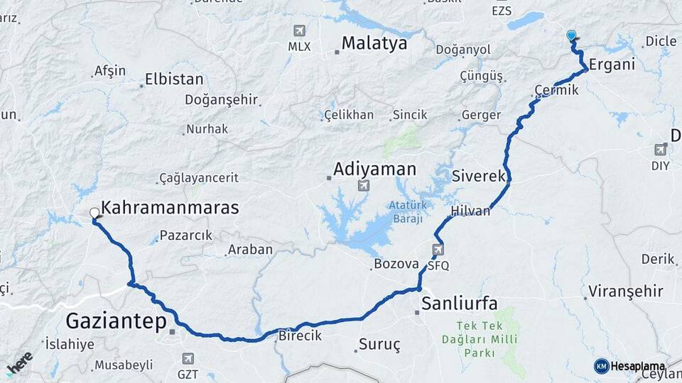 Elazığ Maden Kahramanmaraş Arası Kaç Km - Yol Haritası