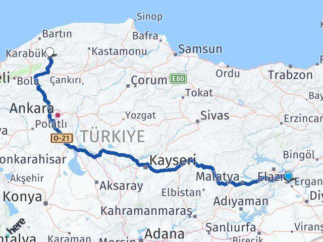 Elazığ Maden Karabük Arası Kaç Km - Yol Haritası