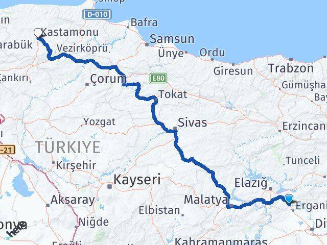 Elazığ Maden Kastamonu Arası Kaç Km - Yol Haritası