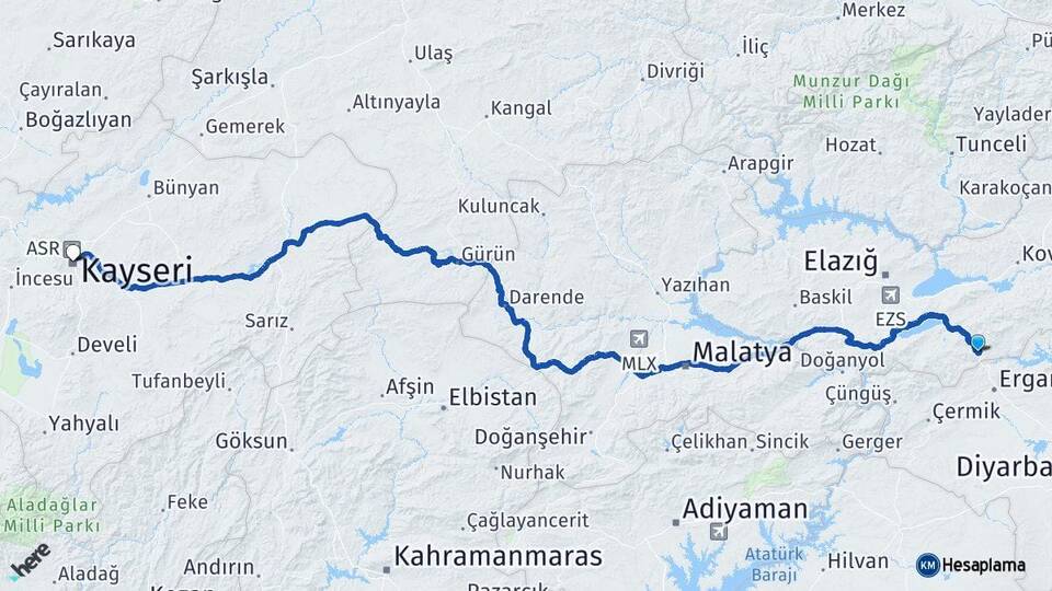 Elazığ Maden Kayseri Arası Kaç Km - Yol Haritası