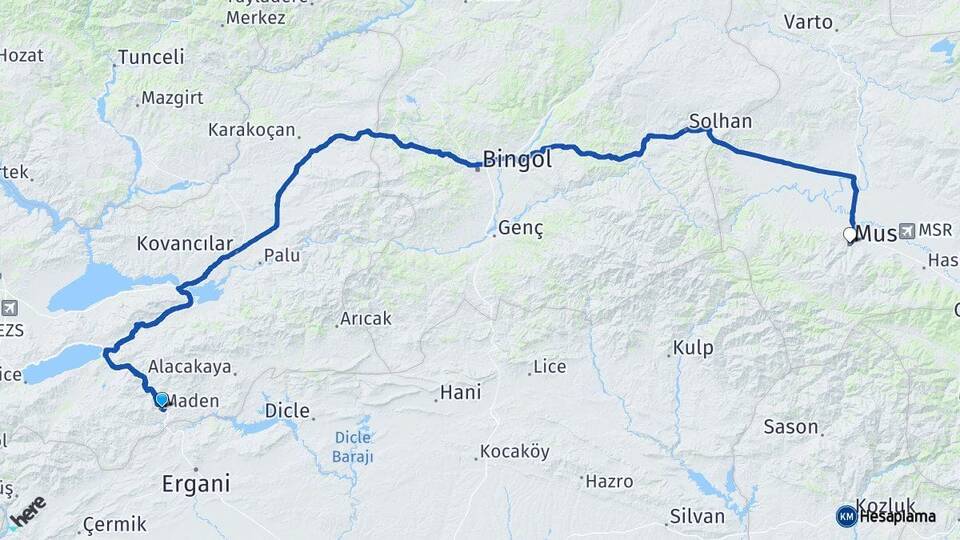 Elazığ Maden Muş Arası Kaç Km - Yol Haritası