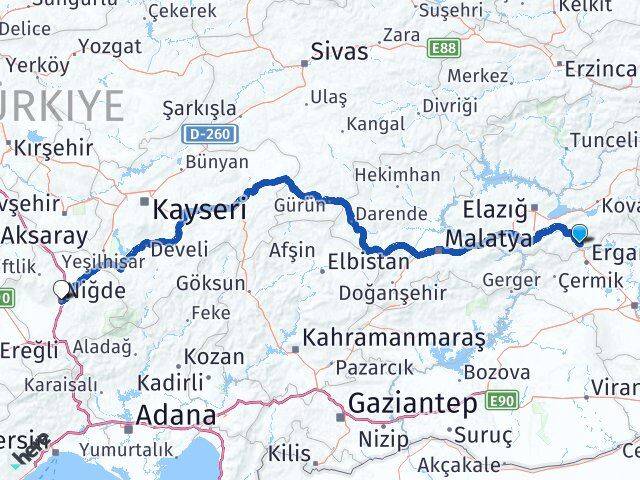 Elazığ Maden Niğde Arası Kaç Km - Yol Haritası