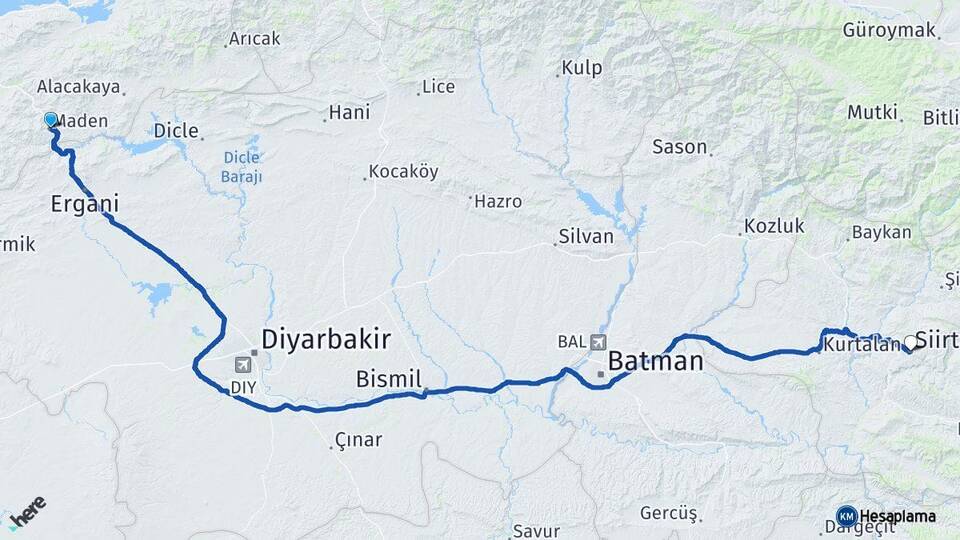 Elazığ Maden Siirt Arası Kaç Km - Yol Haritası