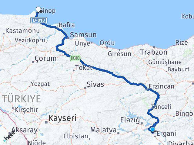Elazığ Maden Sinop Arası Kaç Km - Yol Haritası