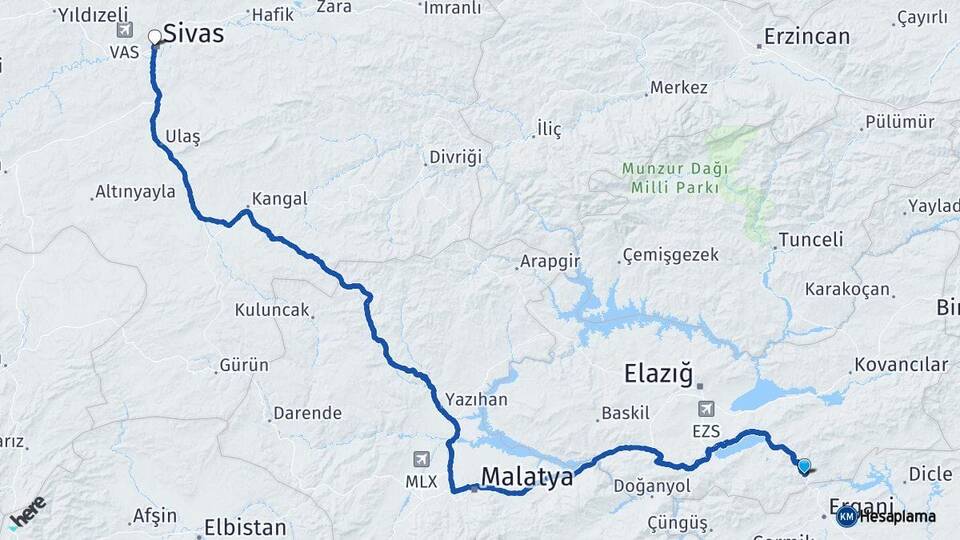 Elazığ Maden Sivas Arası Kaç Km - Yol Haritası