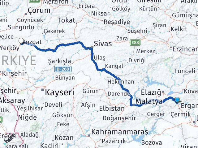Elazığ Maden Yozgat Arası Kaç Km - Yol Haritası