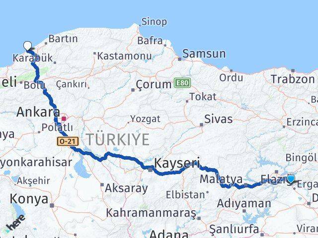 Elazığ Maden Zonguldak Arası Kaç Km - Yol Haritası