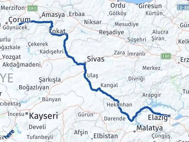 Elazığ Mecitözü Çorum Arası Kaç Km - Yol Haritası